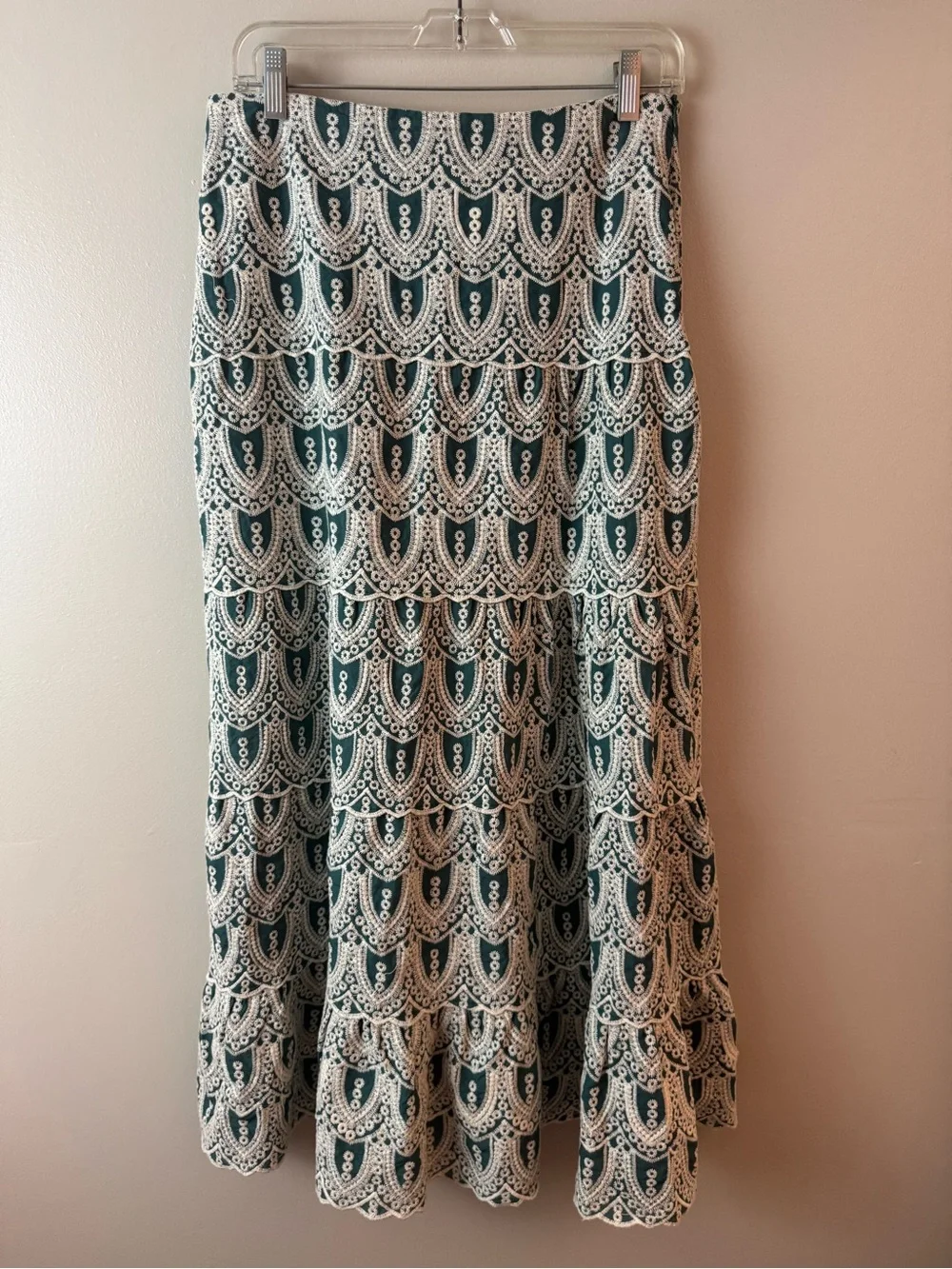 LAFFAIRE Embroidered Lace Tiered Maxi Skirt Medium Cottagecore Boho Prairie
